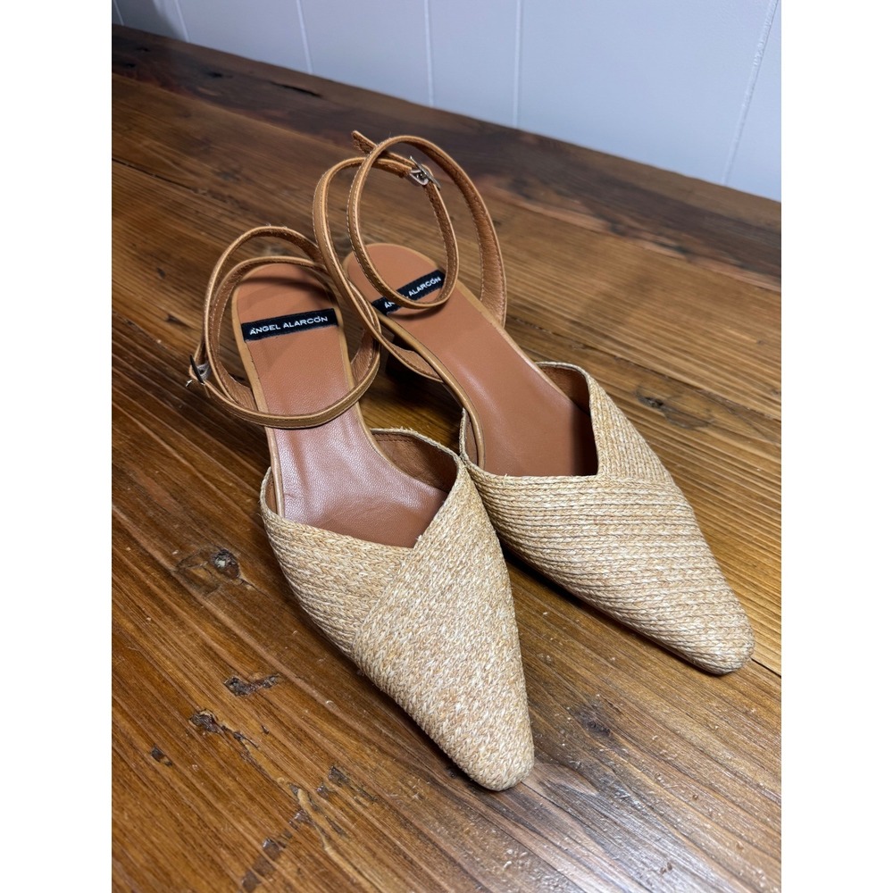 ANGEL ALARCON Helen Raffia Woven Slingback Heels Tan Leather Ankle Strap Size 39 - Picture 6 of 16